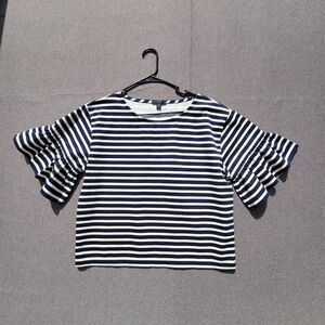 J Crew M Blue Cream Striped Boatneck Ruffle Sleeve Blouse 964